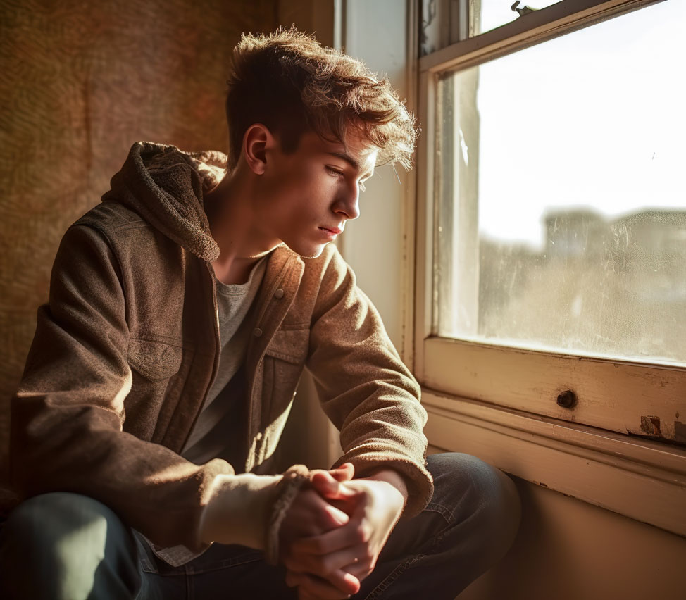 Teenage boy sits near a window.